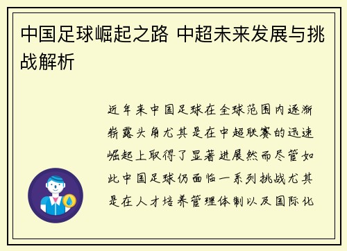 中国足球崛起之路 中超未来发展与挑战解析