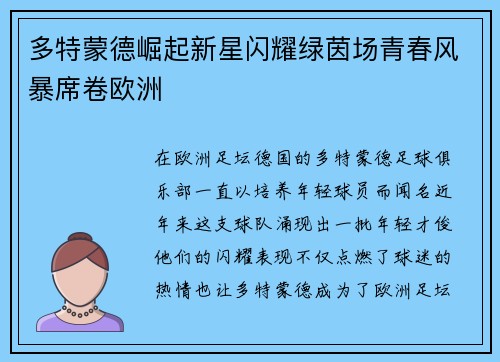 多特蒙德崛起新星闪耀绿茵场青春风暴席卷欧洲