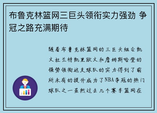 布鲁克林篮网三巨头领衔实力强劲 争冠之路充满期待