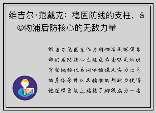 维吉尔·范戴克：稳固防线的支柱，利物浦后防核心的无敌力量